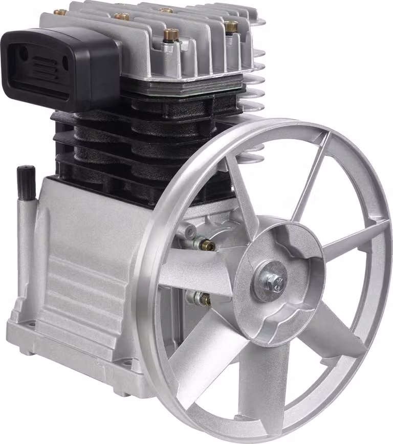 Testa pompa compressore aria, struttura in alluminio e ferro, alta efficienza, argento