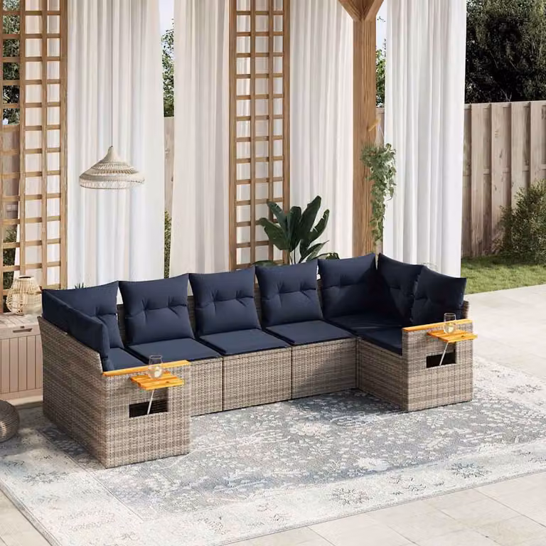 Set di divani da giardino vidaXL a forma di L composto da 7 pezzi in polyrattan con cuscini grigi e tavolino da esterno