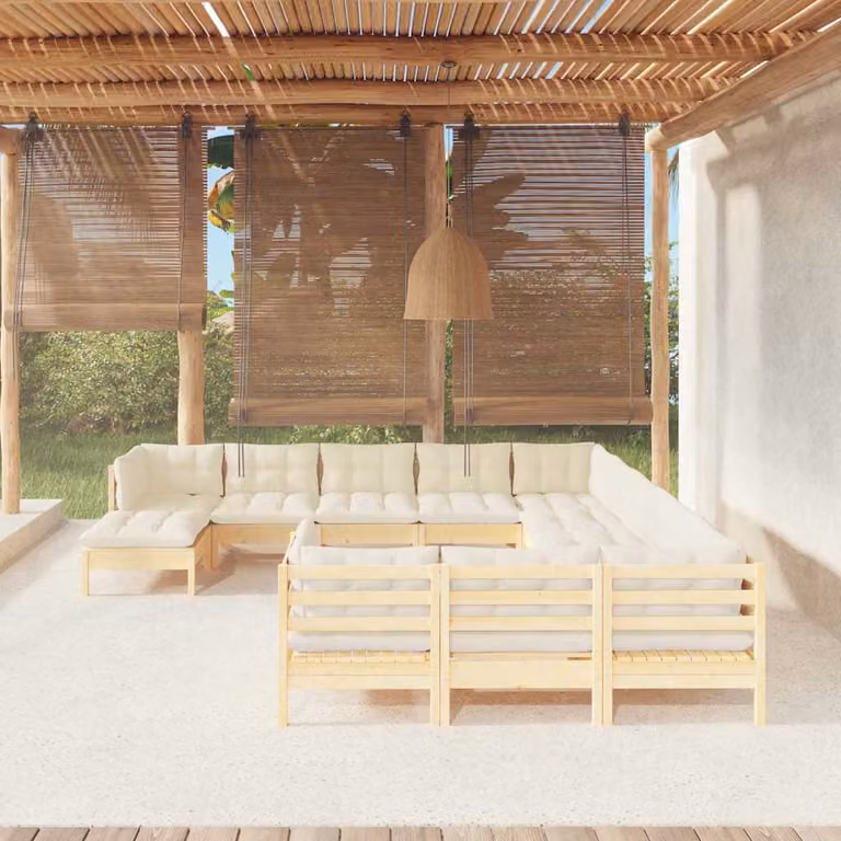 vidaXL Set Divani da Giardino a Forma di U in Legno Massello di Pino con Cuscini Beige 12 Pezzi