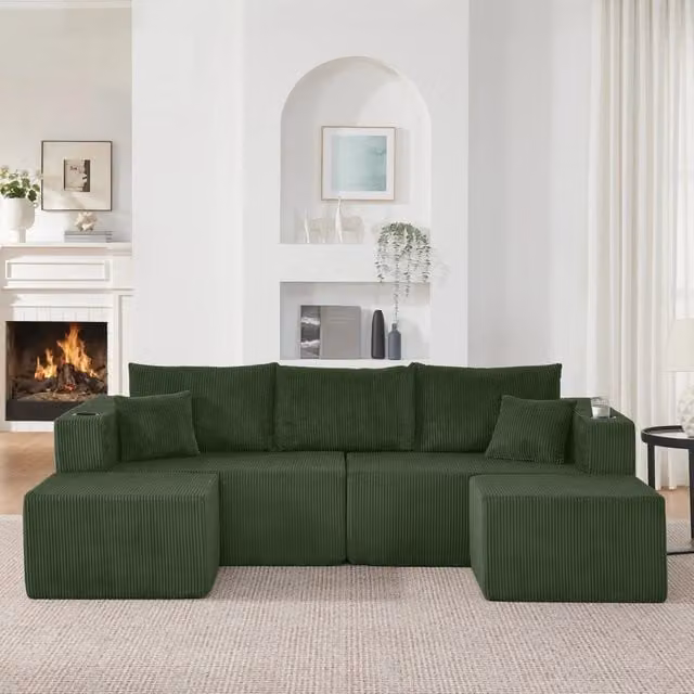 Divano angolare modulare 3 posti con 2 pouf mobili, portabicchieri e tasche laterali in velluto a coste verde