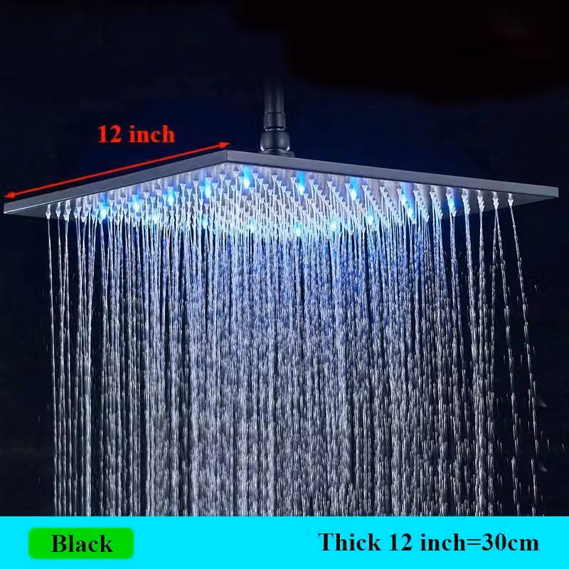 Soffione doccia a LED - Soffione a pioggia quadrato da 40 cm - Design massiccio - LED alimentato dall'acqua senza corrente - Acciaio inossidabile - Montaggio a soffitto - Nero