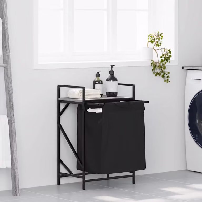 vidaXL Cesto della Biancheria con 1 Scomparto e Ripiano, Grigio e Nero, L/P/H: 77 x 50 x 33 cm