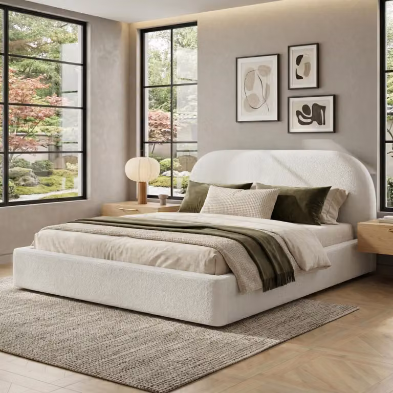 Letto imbottito okwish 180x200, letto per ragazzi con testiera imbottita e rete a doghe, letto matrimoniale, design con testiera ricurva, beige (con materasso)