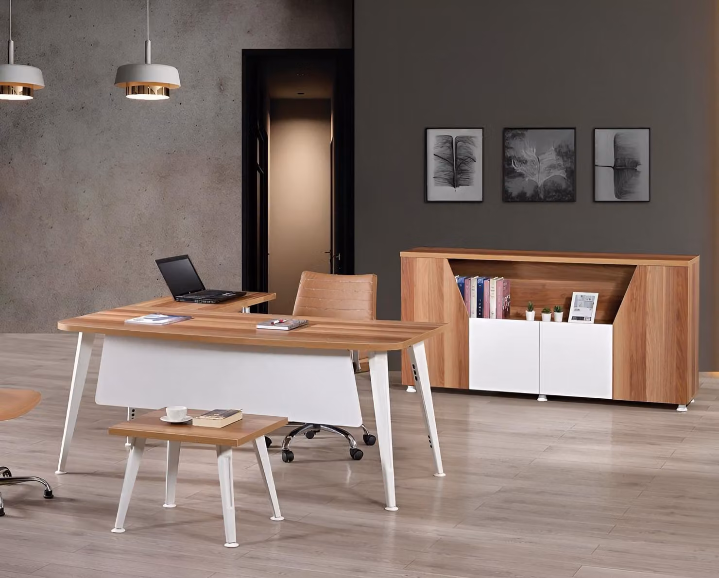 Arbeitszimmermöbel Komplettbüro Eckbürotisch Set 3tlg Holz Weiß Tisch