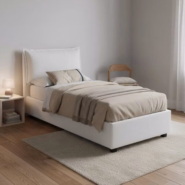 Letto singolo contenitore Abroghat Talamo Italia con rivestimento in tessuto bianco, adatto per materasso 90x200 cm