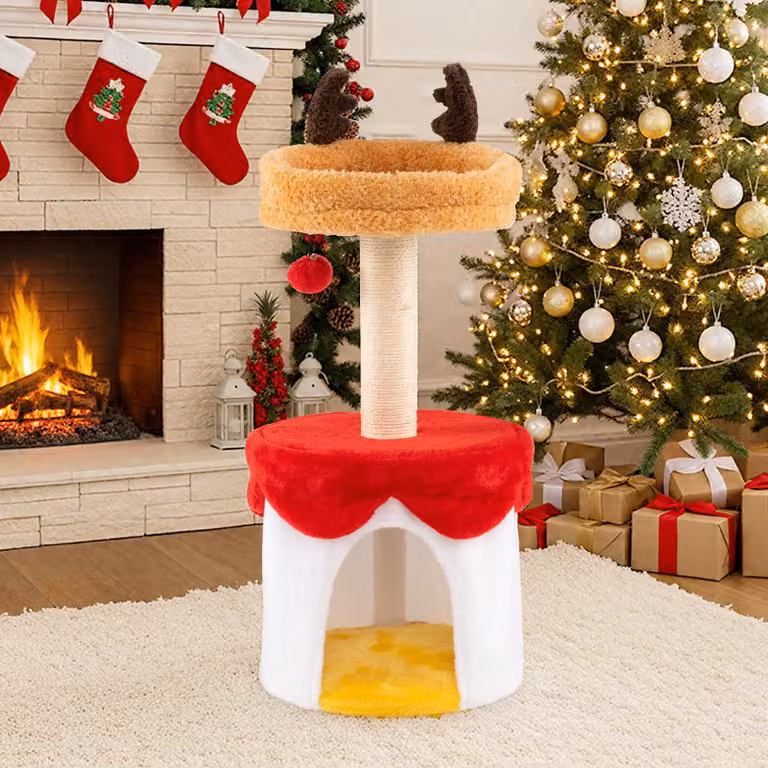 COSTWAY 80cm tiragraffi per Natale, albero per gatti con grotta per gatti, lettino con corna, tiragraffi in sisal e pallina, tiragraffi per gatti per interni colorati