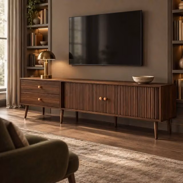 Mobile TV ULEVR 180x40x46,5 cm con 2 cassetti e 2 ante a serrandina, MDF effetto noce
