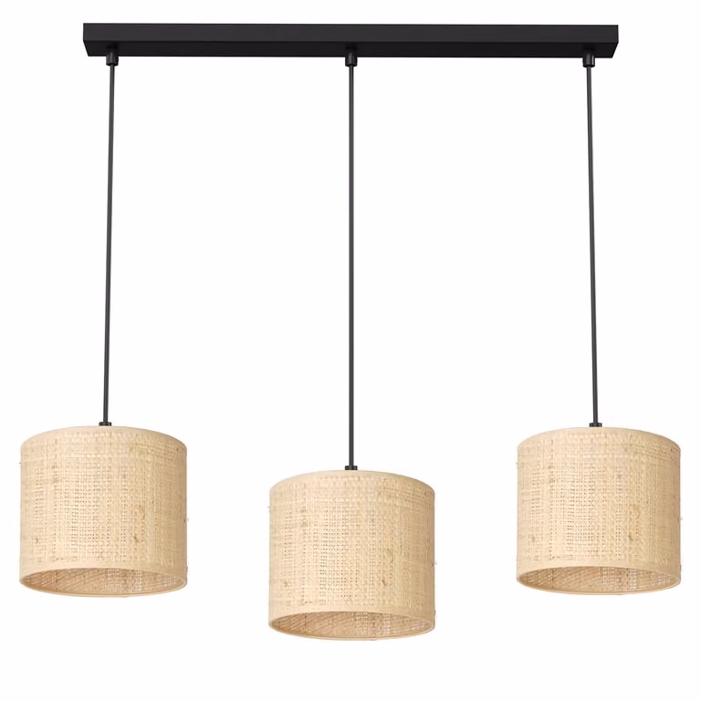 Lampada a sospensione Jovin con tre paralumi in rattan, lineare