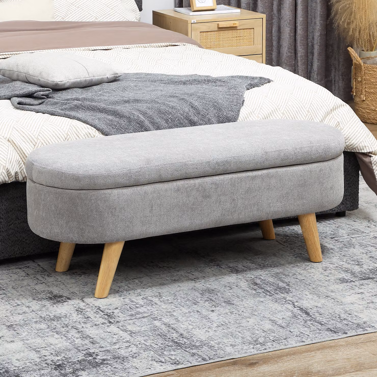 Panca da letto HOMCOM con seduta imbottita in velluto teddy e gambe in legno, pouf contenitore moderno, L 110 x P 40 x H 43 cm, Grigio Chiaro – 2