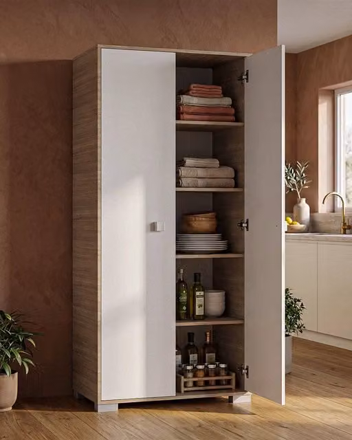 Armadio multiuso Clara con 2 ante e 5 ripiani interni, mobile contenitore per dispensa e riordino, Bianco e Olmo, L: 75 cm, P: 35 cm, H: 180 cm