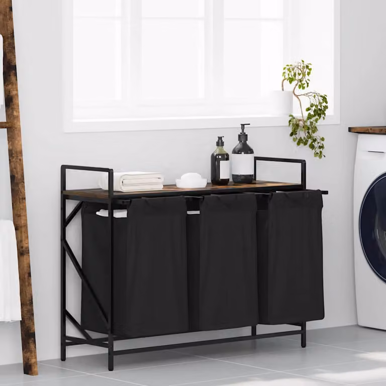 vidaXL Cesto Portabiancheria a 3 Scomparti con Ripiano, Nero e Marrone, L/P/H: 77 x 33 x 99 cm