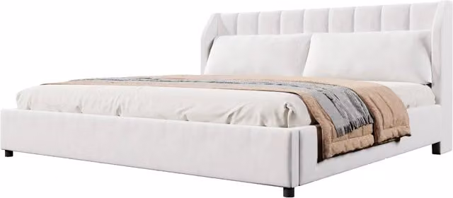 Letto matrimoniale imbottito beige 180x200 cm in velluto francese con rete a doghe