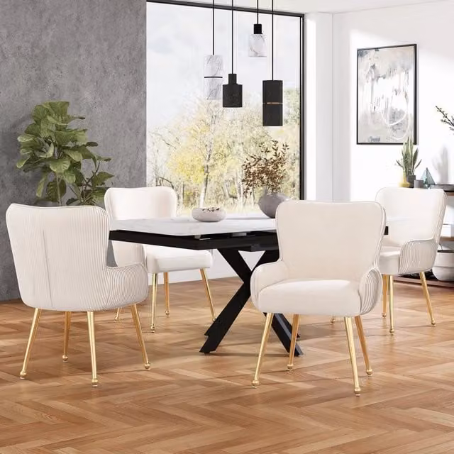 Set di 4 sedie da pranzo FOLYNA in velluto beige con braccioli e gambe in metallo dorato per soggiorno e camera da letto
