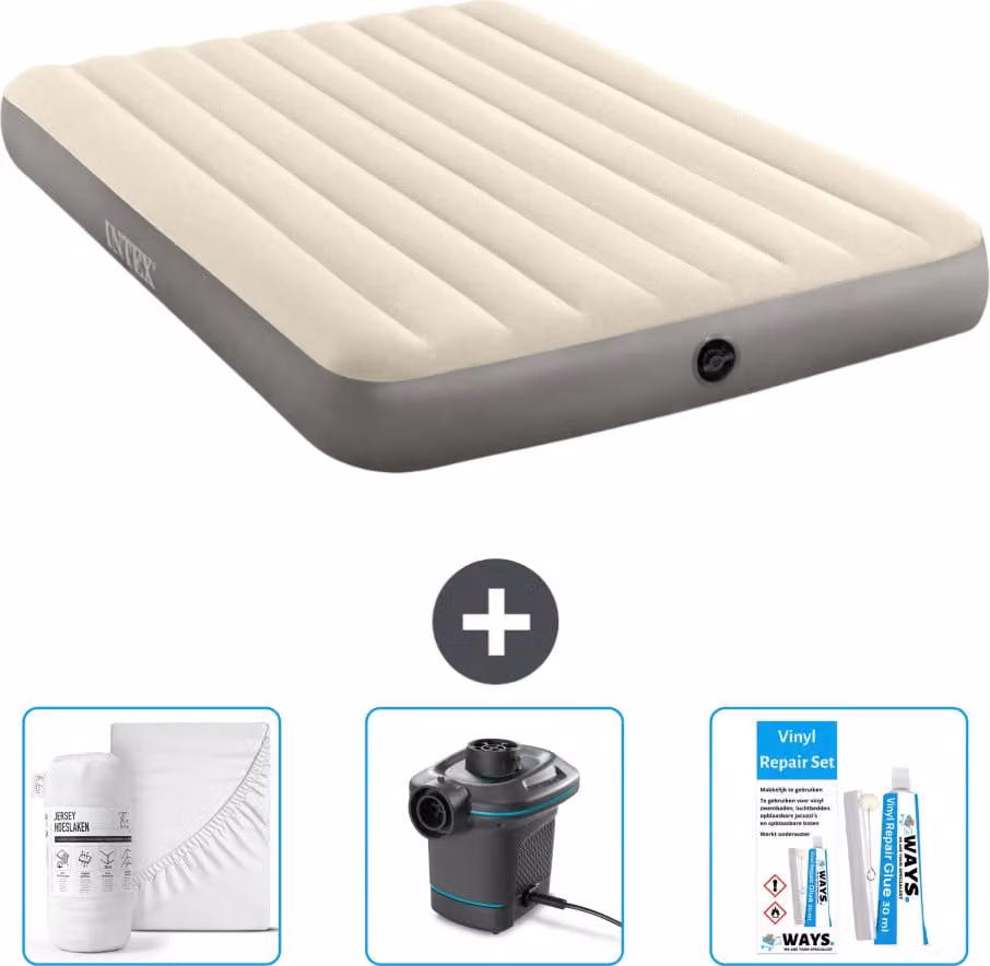 Letto gonfiabile Intex - 2 persone - 152 x 203 x 25 cm - Beige - lenzuolo incluso - pompa e kit di riparazione