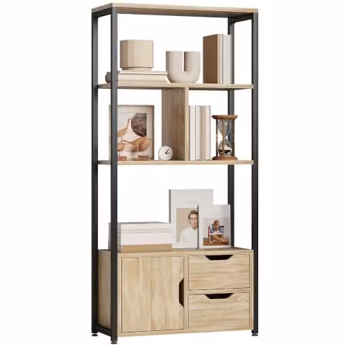 HOMCOM Scaffale 4 livelli con 1 armadietto 2 cassetti Legno naturale