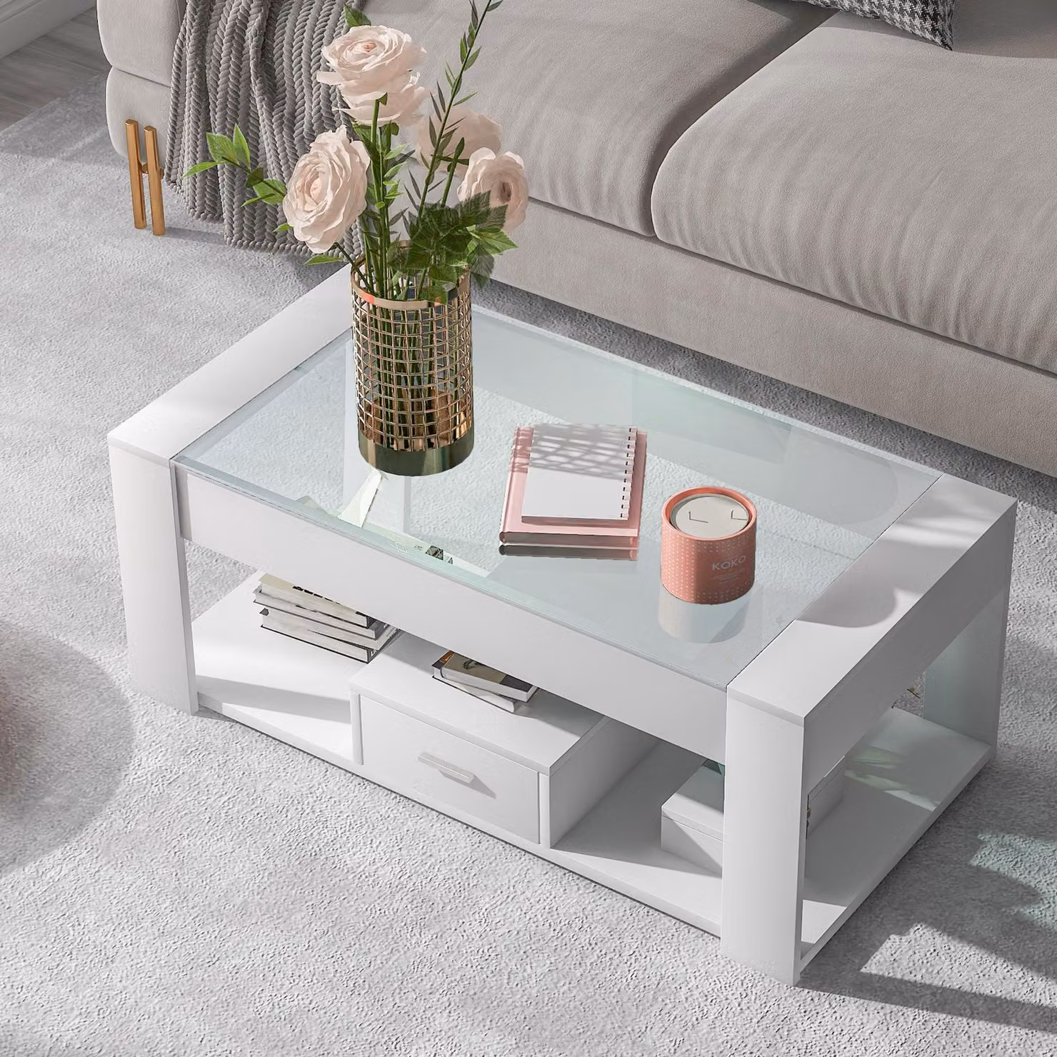 Tavolino da divano STILVORA con piano in vetro e spazio contenitivo, tavolino da caffè con vani chiusi e cassetto, tavolino da divano in legno, bianco