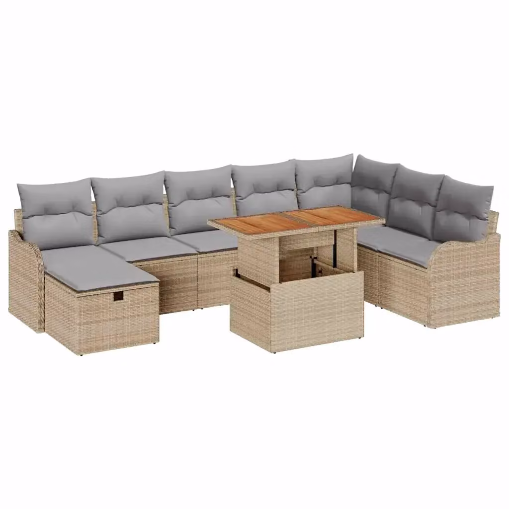 Set Divano da Giardino vidaXL 9 Pezzi a Forma di U in Polyrattan Beige con Cuscini e Tavolino – 2