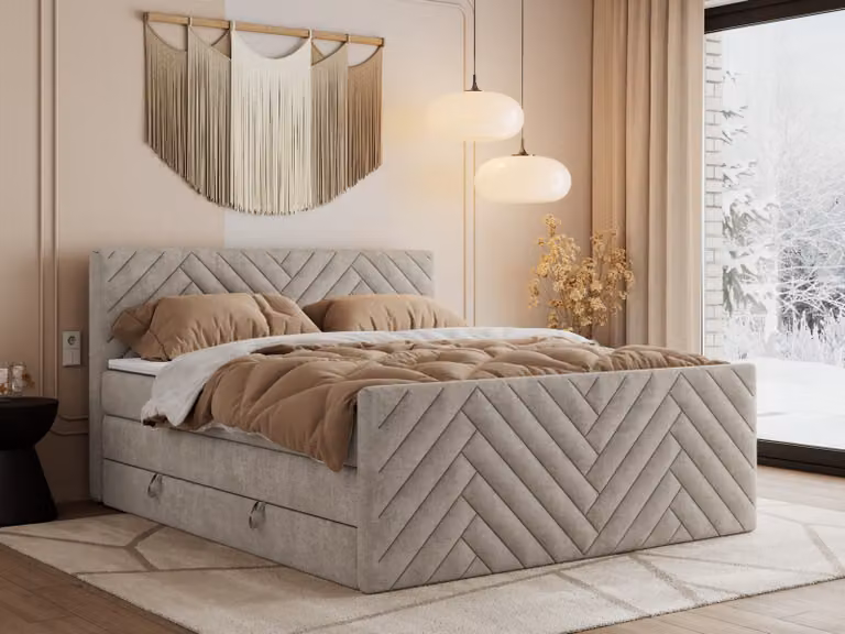 Letto boxspring MKS MEBLE 180x200 con contenitore e materasso H4 - Paris King Duo - Struttura beige