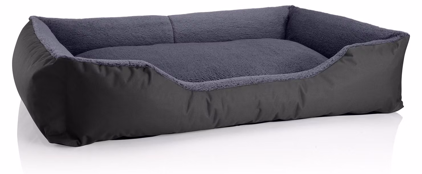 Letto per cani BedDog TEDDY, divano per cani lavabile con bordo e cuscino, THE-ROCK (nero/grigio), (XXL) ca. 120x85x23 cm