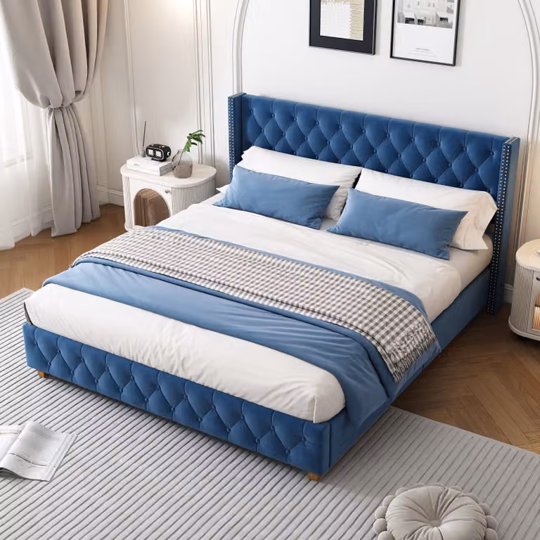 MODFU Letto imbottito 160×200 cm con rete e testiera, letto matrimoniale per ragazzi con gambe in legno, velluto, blu (senza materasso)