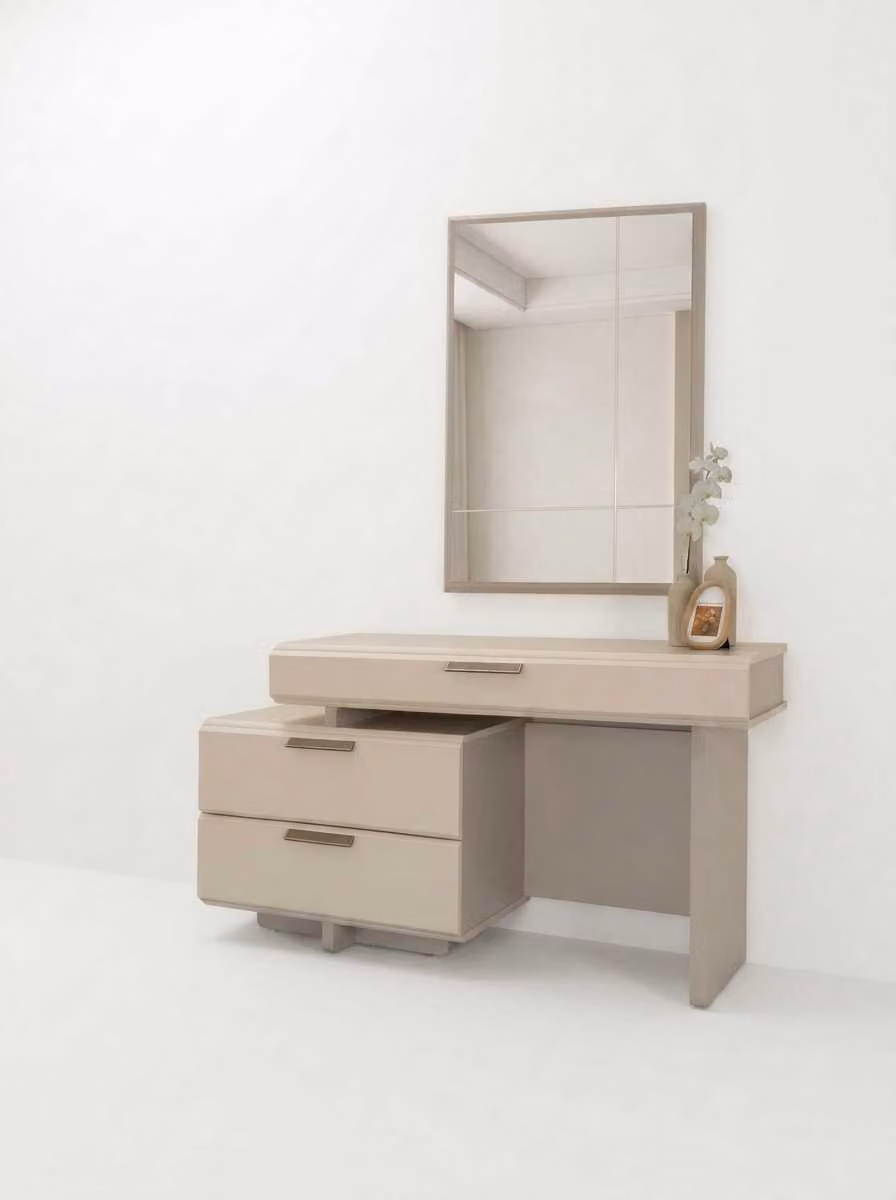 Comò da trucco, tavolino da parrucco, specchio, beige, moderno, elegante, legno pregiato