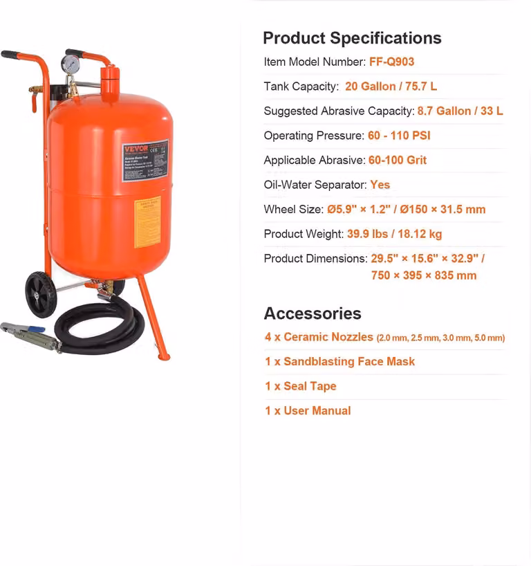 Sabbiatrice, struttura del fucile migliorata, trattamento superficiale efficiente, 20 galloni