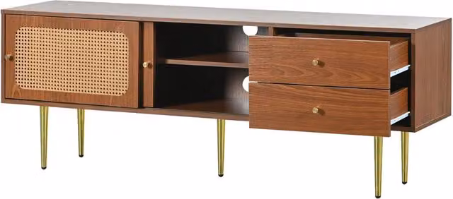 Mobile TV in MDF noce con ante scorrevoli in rattan sintetico, 2 cassetti e 4 ripiani, 160x40x60 cm