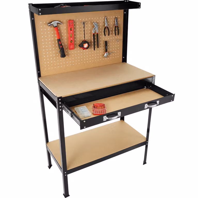 Banco da lavoro TecTake con cassetto e pannello forato in acciaio e legno, nero, L: 145,0 cm, P: 81,0 cm, H: 41,0 cm