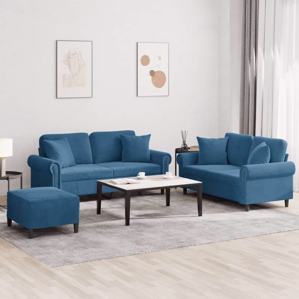 Maison Exclusive - Set divano a 3 pezzi con cuscini in velluto blu