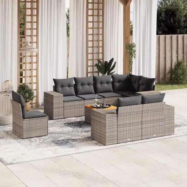 Set Divano da Giardino 9 pz con Cuscini Grigio in Polyrattan 3225542