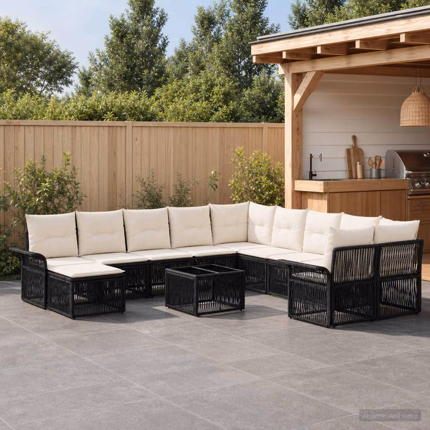 Set Divano da Giardino Moderno vidaXL a Forma a U in Polyrattan con Cuscini, Colore Nero e Bianco Crema
