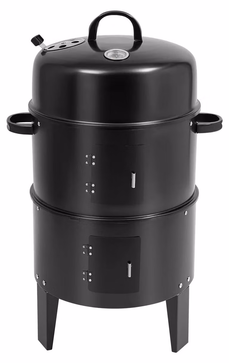 Barbecue a carbone - Griglia multifunzione 3-in-1 - Smontabile - Due livelli - Funzioni: affumicatura, cottura a fuoco lento e cottura alla griglia - Termometro - Materiale: ferro - Colore: nero