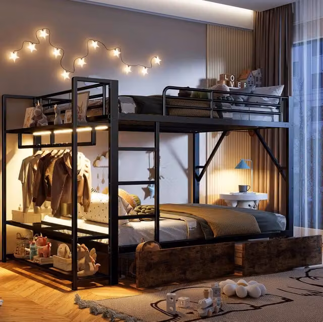 Letto a castello 140x200 cm in metallo e MDF con LED; 2 cassetti e ripiani; nero