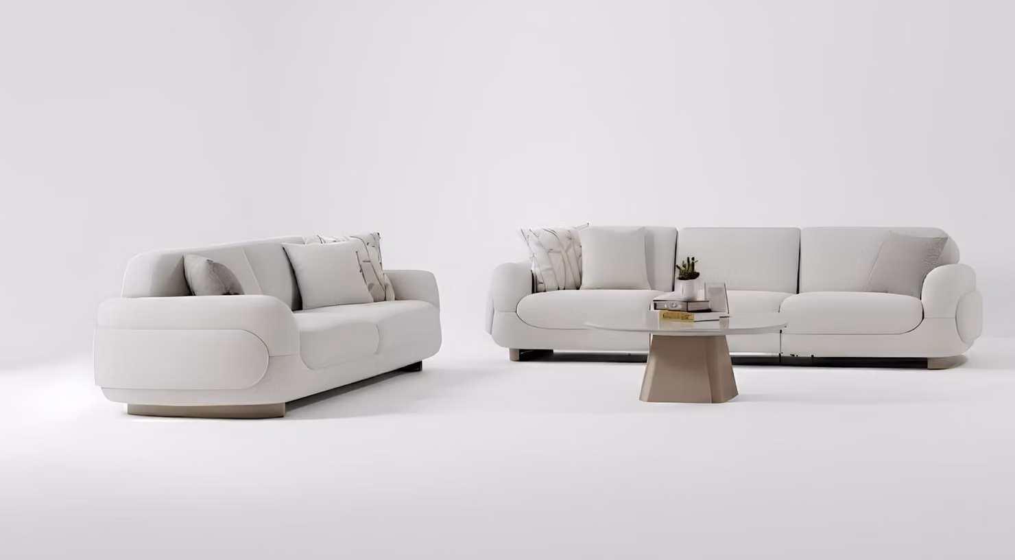 Set da salotto: divano e tavolino da caffè, colore bianco, stile moderno, struttura in legno, nuovo