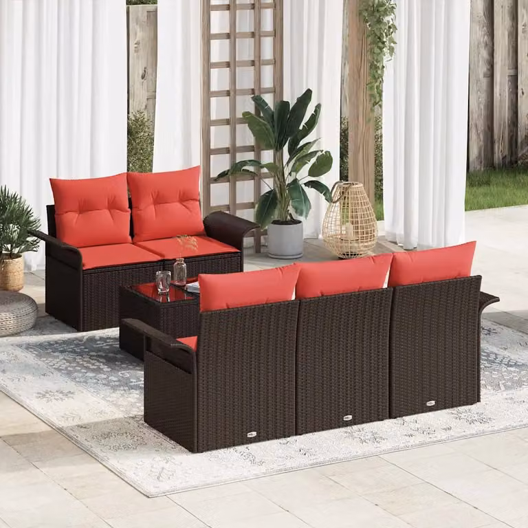 Set Divano da Giardino vidaXL 6 pz in Polyrattan con Metallo e Vetro, Colori Beige, Rosso e Marrone
