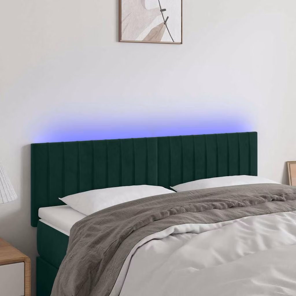 Testiera per letto vidaXL in velluto verde scuro con illuminazione LED integrata e porta di ricarica USB, L 144 x P 5 x H 78/88 cm