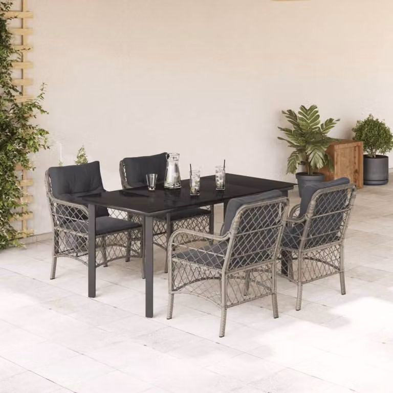 Set Pranzo da Giardino vidaXL in Polyrattan con Cuscini e Tavolo in Vetro, 5 Pezzi, Grigio Antracite