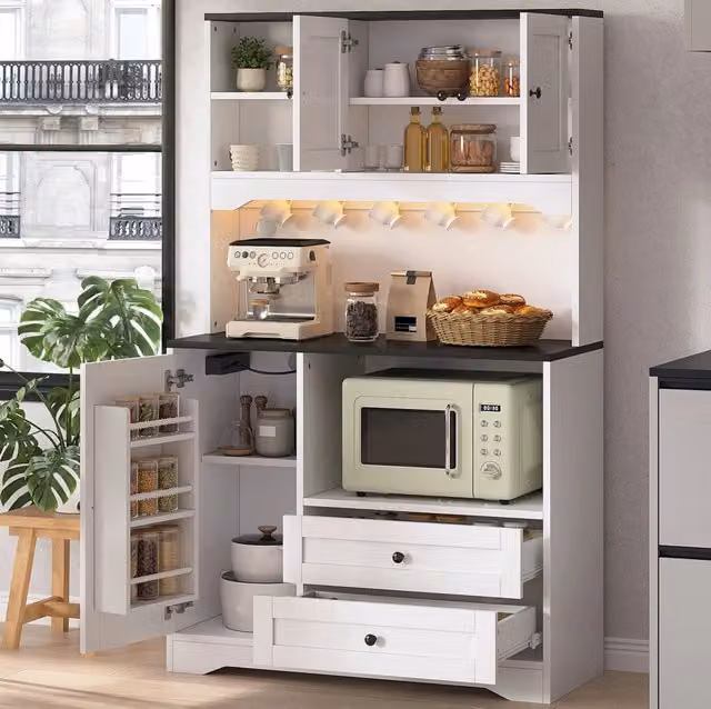Credenza cucina multifunzione 100x40x163 cm con LED; prese USB e vani per microonde; bianco