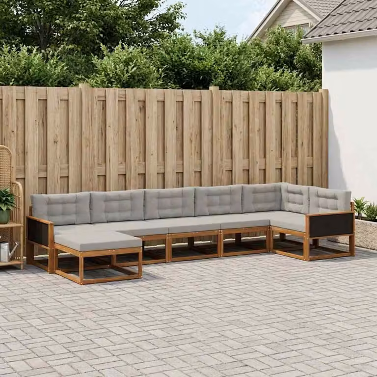 vidaXL Set di divani da esterno a forma di U composto da 7 pezzi in legno di acacia con cuscini beige e grigi
