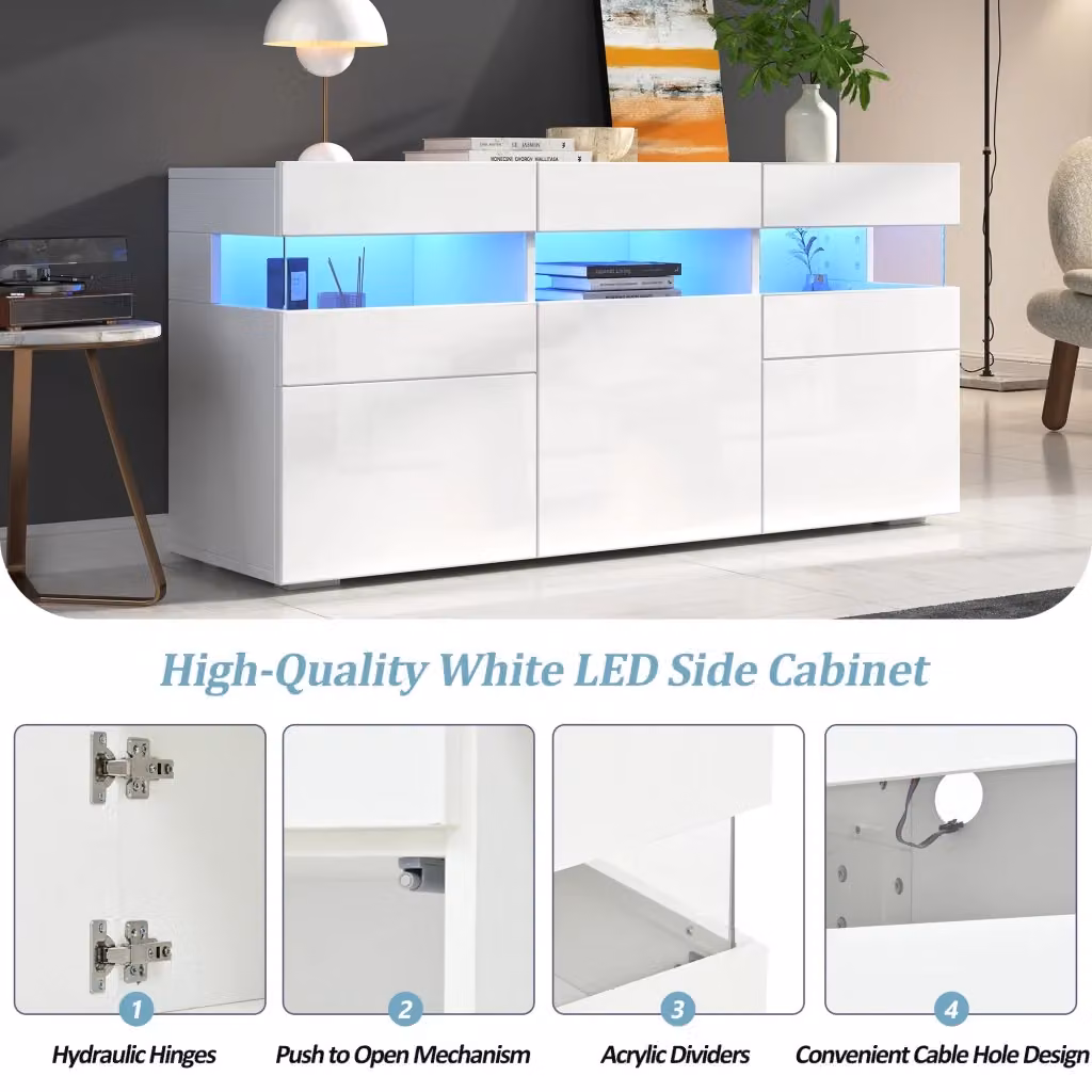 Credenza Minimal in bianco lucido con 3 ante, 7 scomparti e illuminazione LED integrata L: 140 cm, P: 40.5 cm, H: 66.5 cm – 2