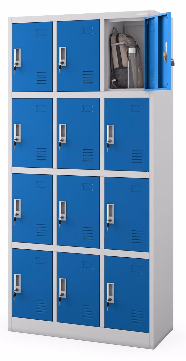 Armadietto portattrezzi con 12 scomparti, in metallo, dimensioni 185x90x40 cm, colore grigio-blu
