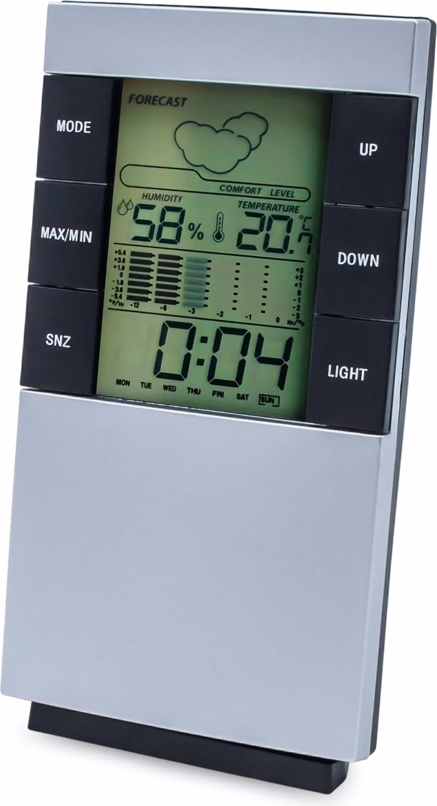 Stazione meteorologica digitale 5in1 argento per interni, da appendere o appoggiare - 14 x 8 cm - Igrometro con orologio, sveglia e previsioni meteo, alimentazione a batteria