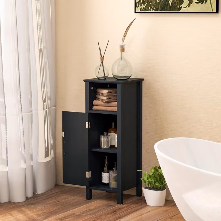 Costway Armadio a pavimento in legno per bagno con ripiano regolabile, Armadietto multifunzionale adatto a diverse stanze Nero