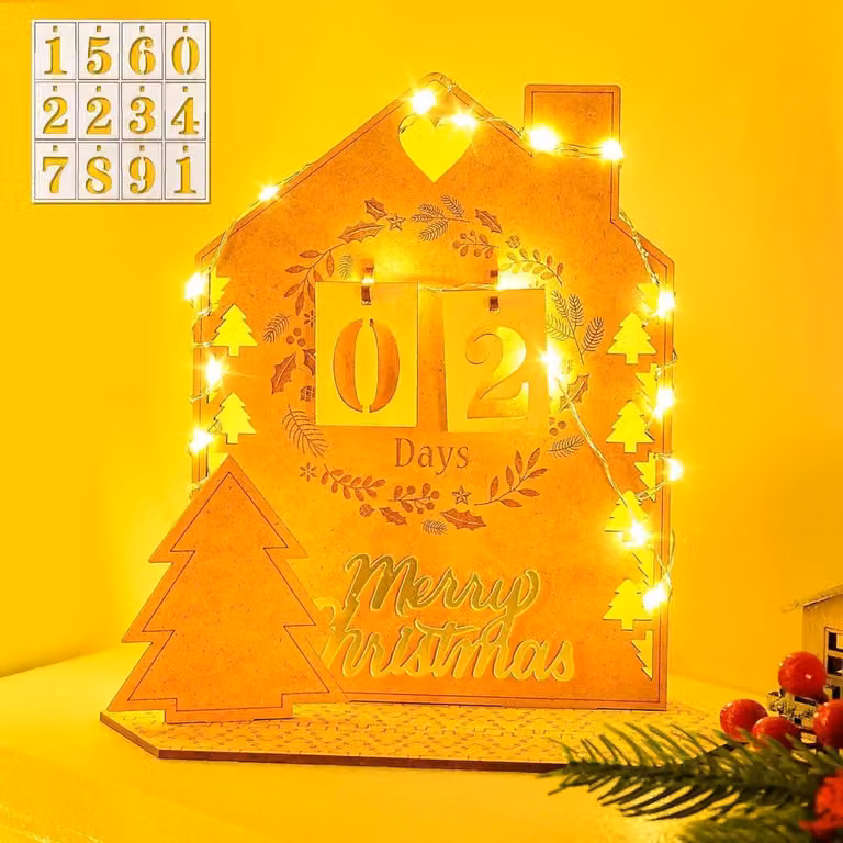 Calendario dell'Avvento in legno con catena di luci LED, 24 giorni, ideale per la casa e l'ufficio