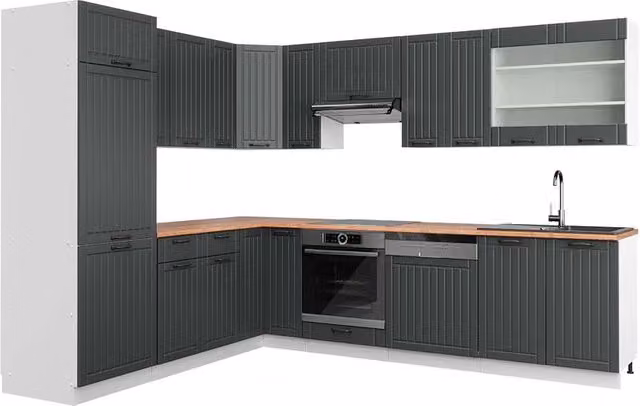 Cucina angolare moderna Fame-Line Vicco in MDF, Grigio scuro/Bianco/Rovere, L: 287 cm x P: 227 cm – 1