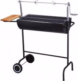 Barbecue in ferro e acciaio con 2 ruote e ripiano in legno