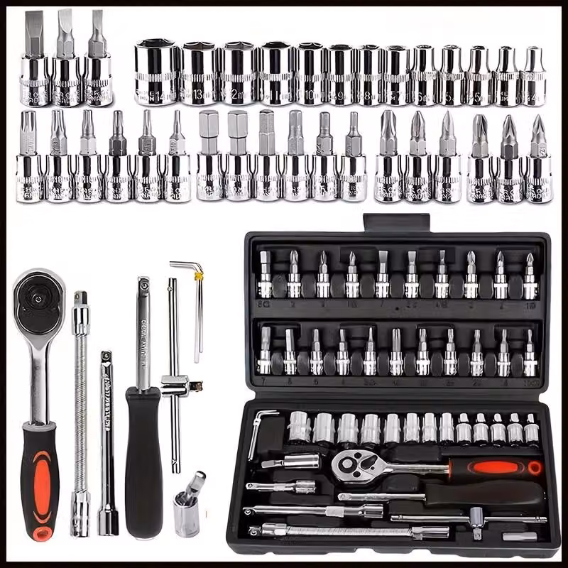 Set di 46 chiavi a bussola Vielzahn, per riparazioni auto e moto, con prese, cricchetti, chiavi a bussola e set di punte, valigetta porta attrezzi, nero