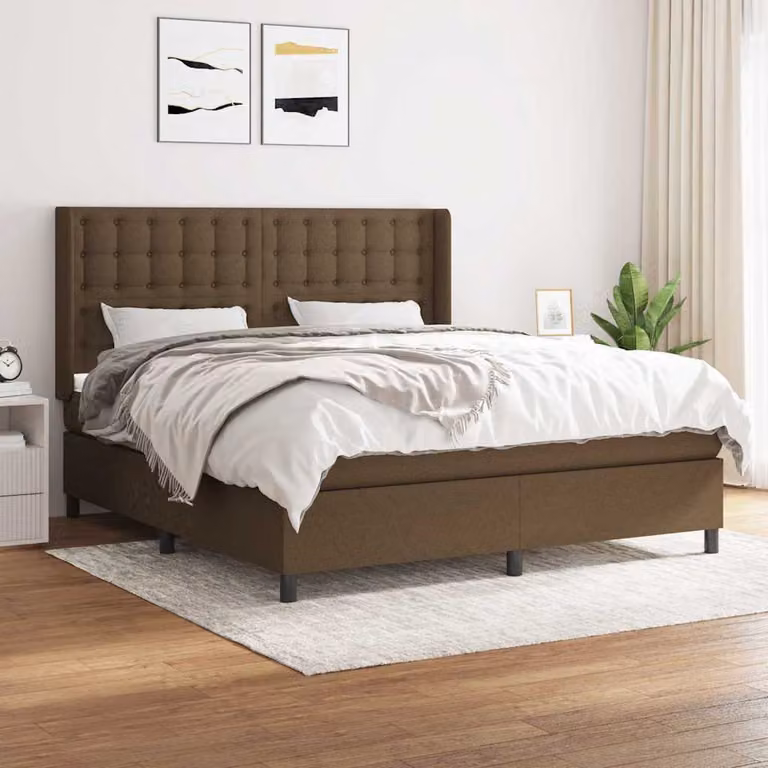 vidaXL Giroletto a Molle con Materasso Ibrido in Tessuto Marrone Scuro e Bianco L/P: 160 x 200 cm