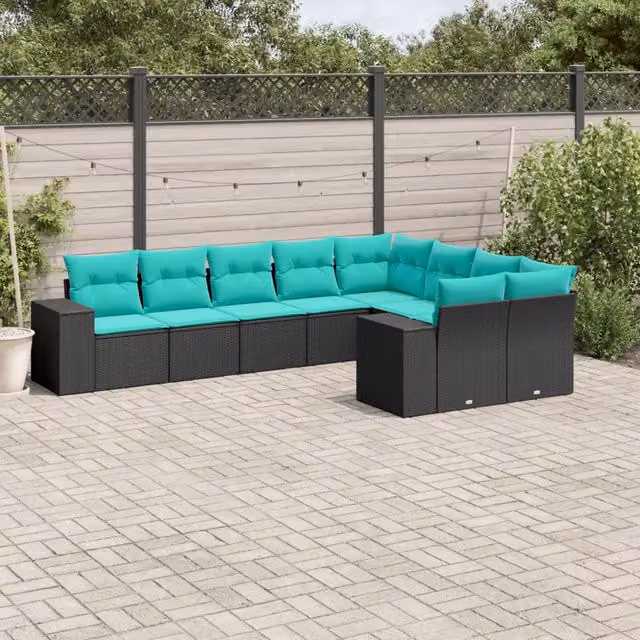 Set Divani da Giardino 9 pz con Cuscini Nero in Polyrattan 3223036