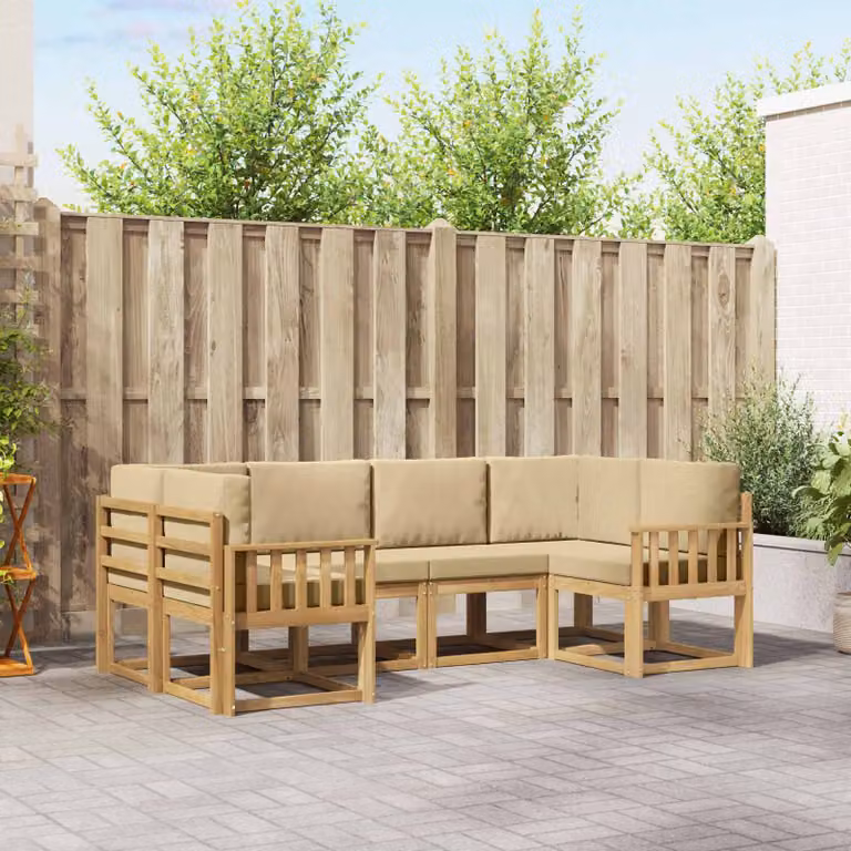 Set di divani da esterno vidaXL a forma di L composto da 6 pezzi in legno di acacia con cuscini in tessuto bianco e beige